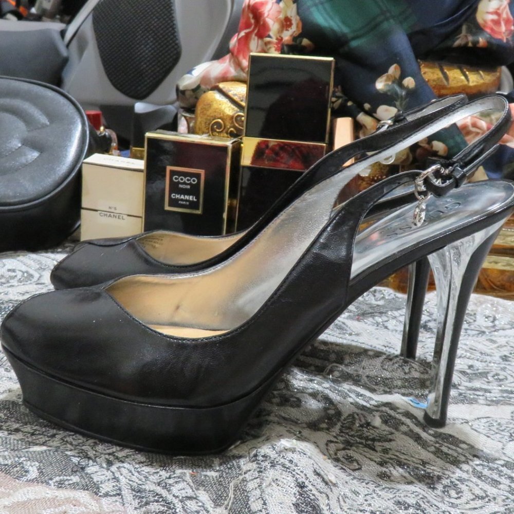 Guess black leather peep toe slingback platform heels w/ charm 7.5 silver heels